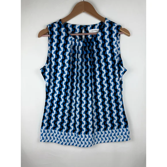 Women's Calvin Klein Sleeveless Top Blue/Black/White Geometric Print Size L - Picture 1 of 6